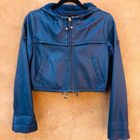 🔥SOLD🔥 Leather Blue Cropped Hoodie Jacket - Picture 2 of 14